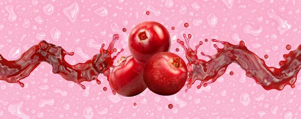 Gordijnen Sweet fresh cranberry juice or smoothie splash swirl with ripe cranberries. Red berry juice 3D splashing. Fruit advertising design element on colorful background with berry juice drops.  © Corona Borealis