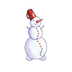 Snowman hand drawn  illustration. Christmas, New Year decoration. Snowman with bucket on head, carrot isolated design element. Cheerful winter holiday greeting card, poster, color clipart