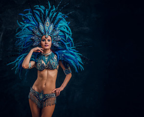 Fototapeta na wymiar Happy brasil dancer is posing for photographer. She is wearing blue feather costume.