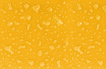 Realistic transparent water rain, juice, shower, dew drops or vapor steam bubbles on yellow background. Abstract water raindrops texture background for design overlay, juice droplets close up view. 3D