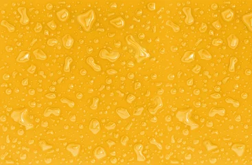  Realistische transparante waterregen, sap, douche, dauwdruppels of dampstoombellen op gele achtergrond. Abstracte water regendruppels textuur achtergrond voor ontwerp overlay, SAP druppeltjes close-up weergave. 3D © Corona Borealis