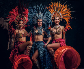 Obraz na płótnie Canvas Three beautiful young womans in traditional brasilian carnaval costumes are posing for photographer at studio.