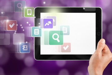 Male hand holding a tablet PC with space for you text isolated