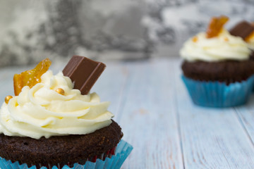 Chocolate cupcakes with vanilla butter frosting and golden crumbs, chocolate, and lemon. There is a memo for the text.