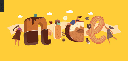 Dessert lettering - Nice - modern flat vector concept digital illustration of temptation font, sweet lettering and girls. Caramel, toffee, biscuit, waffle, cookie, cream and chocolate letters