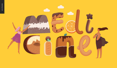 Dessert lettering - Medicine - modern flat vector concept digital illustration of temptation font, sweet lettering and girls. Caramel, toffee, biscuit, waffle, cookie, cream and chocolate letters