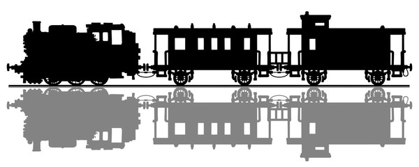 The hand drawing of a black silhouette of the vintage steam train
