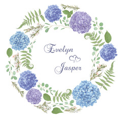 Wreath with flowers and leaves isolated on white background. leaves, branches eucalyptus, gaultheria, salal, chamaelaucium, fern.Blue, purple, of flowers hydrangea.Invitations, round cards. Design 