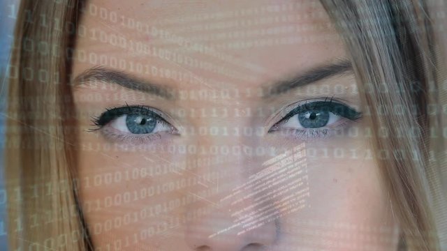 Digital composite of a woman staring at the binary system
