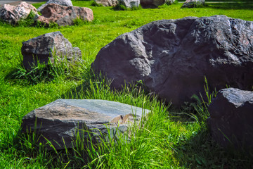 Garden of stones on the green lawn in the park.