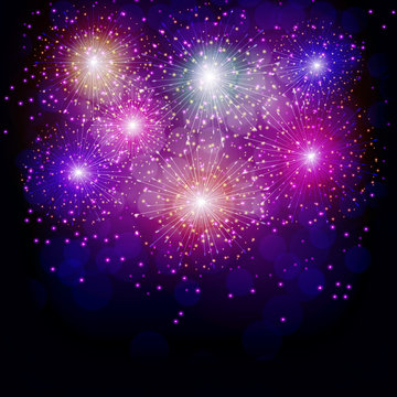 Bright firework for holidays. Sparkling in dark blue sky. Fireworks for festive events, new year, Christmas, 4th July.