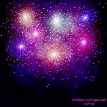 Bright firework for holidays. Sparkling in dark blue sky. Fireworks for festive events, new year, Christmas, 4th July. Vector illustration.