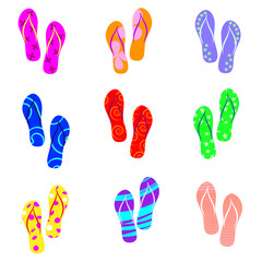 Vector set of summer colored flip flops on white background
