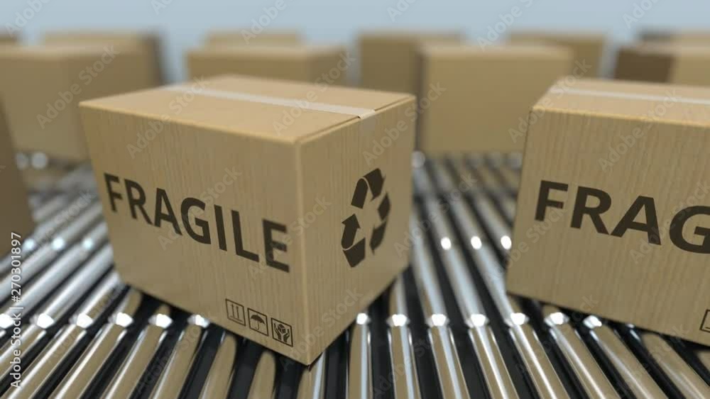 Aufkleber carton boxes with fragile text move on roller conveyor. loopable 3d animation