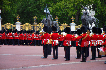 Royal palace guard's band at queens birthday celebration rehearsal 2019. Buckingham palace, London,...