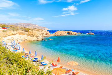 Crystal clear azure sea and beautiful beach on Karpathos island near Ammopi village, Greece