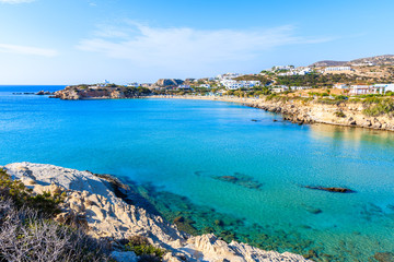 View of sea bay with beautiful beach on Karpathos island in Ammopi village, Greece