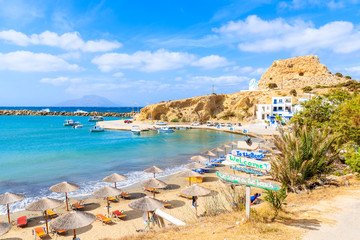 View of beautiful Finiki beach and port, Karpathos island, Greece
