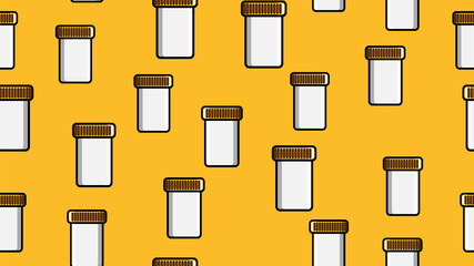 Seamless pattern endless texture of white medical jars for storing urine or sperm stool samples on a yellow background. Vector illustration