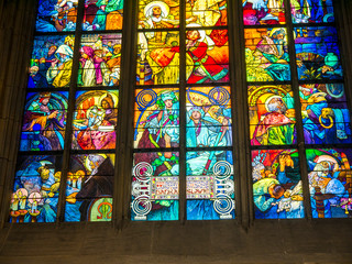 Beautiful stained glass windows in the cathedral of St Vitus in prague Castle in the city of pague...