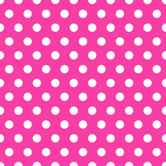 bright pink Seamless Background with Polka Dot pattern. Polka dot fabric. Retro pattern. Casual stylish white polka dot texture on bright pink background. - obrazy, fototapety, plakaty