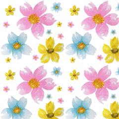 Fototapeta na wymiar Spring multicolored flowers white background pattern. Green, yellow, light blue colors wallpaper texture