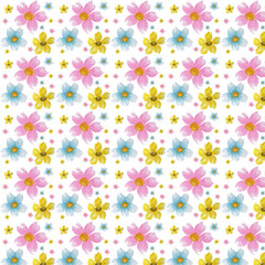 Spring multicolored flowers white background pattern. Green, yellow, light blue colors wallpaper texture