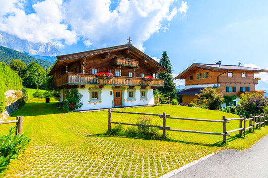 Traditional alpine houses in village of Going am Wilden Kaiser on beautiful sunny summer day, Tirol, Austria