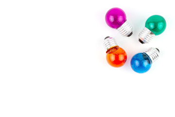Group of Multiple color Incandescent round light bulb isolated on white background and have copy space.