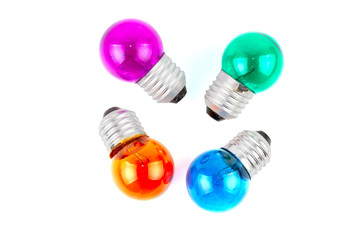 Group of Multiple color Incandescent round light bulb isolated on white background.