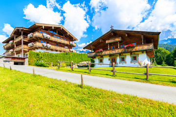 Traditional alpine houses in village of Going am Wilden Kaiser on beautiful sunny summer day, Tirol, Austria