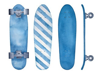 Skateboard sketchy illustration collection. Dark blue color, striped pattern, various views. Handdrawn watercolour painting on white background, cutout clipart elements for creative design decoration. © Julija
