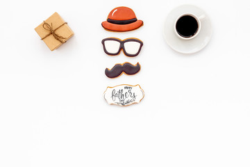 design for Father Day celebration party with cookies, gift box and coffee on white background top view mock up