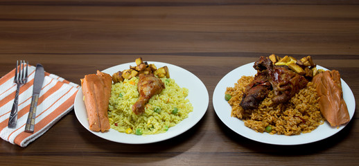 fried rice, jollof rice and moi moi