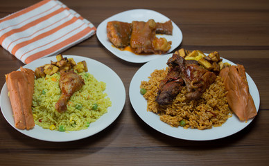 fried rice, jollof rice and moi moi