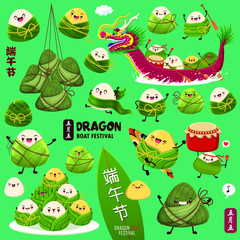 Obraz premium Vintage Chinese rice dumplings cartoon character & dragon boat. Dragon boat festival illustration.(caption: Dragon Boat festival, 5th day of may)