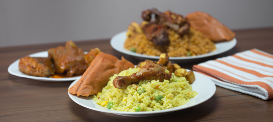 fried rice, jollof rice and moi moi