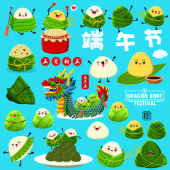Vintage Chinese rice dumplings cartoon character & dragon boat. Dragon boat festival illustration.(caption: Dragon Boat festival, 5th day of may)
