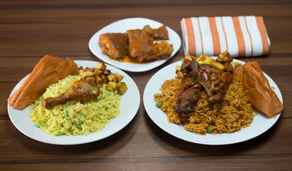 fried rice, jollof rice and moi moi