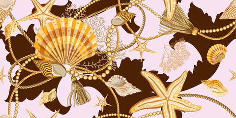 Seamless pattern with seashells in Baroque style . Golden shells, starfishes, ropes and pearls on a pink background. Ornament with sea elements.