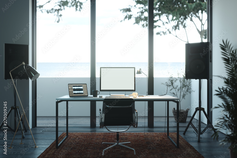 Aufkleber pc with blank monitor, keyboard and computer mouse under lamp. 3d rendering.