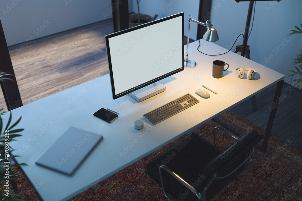 Aufkleber pc with blank monitor, keyboard and computer mouse under lamp. 3d rendering.