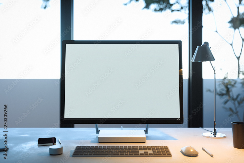 Aufkleber pc with blank monitor, keyboard and computer mouse under lamp. 3d rendering.