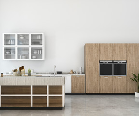 3d rendering white minimal loft mock up kitchen with wood decoration