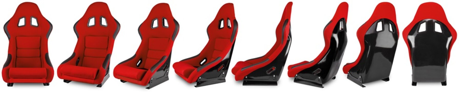 Set Collection Of Red Black Carbon Fiber Motorsport Race Car Tuning  Sim Racing Bucket Seat Isolated White Background