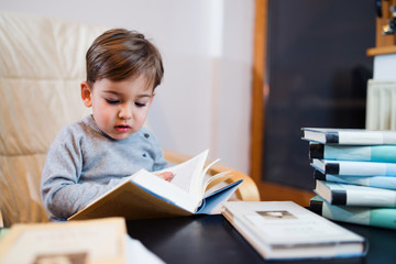 Small little boy playing with books at home seeking knowledge wisdom learning