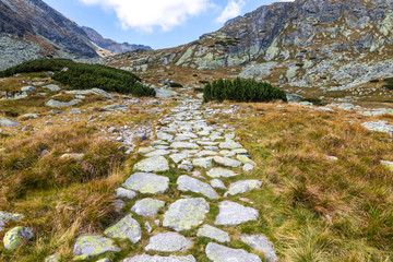 Hiking in High Tatras Mountains (Vysoke Tatry), Slovakia. Mlynicka Valley. Footpath on the way to Furkotsky Stit mount (2403m). Sunny autumn day © katatonia
