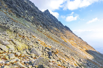 Hiking in High Tatras Mountains, Slovakia. Bystra Lawka, ridge above the Mlynicka Valley and Furkotska Valley. Evening view from Furkotska valley
