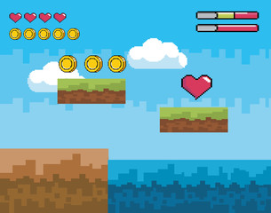 pixelated videogame scene with coins and heart