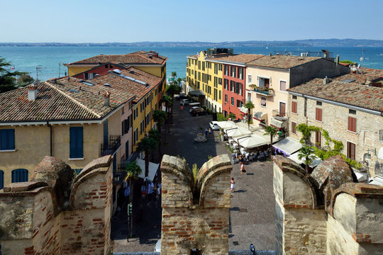View from Castle Rocca Scaligera in Sirmione, Garda Lake. spectacular view on lake, italian autumn.